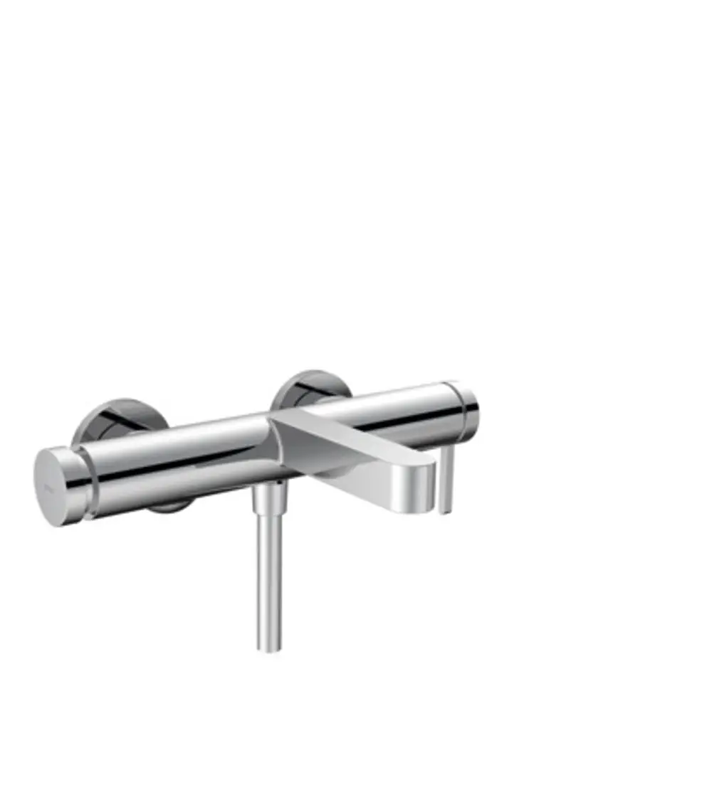 Hochglänzender chromfarbener Einhebel-Wannenmischer von Hansgrohe, montiert auf einer Wand, mit gerade Linie und einfachem Hebel zum Regulieren des Wassers.